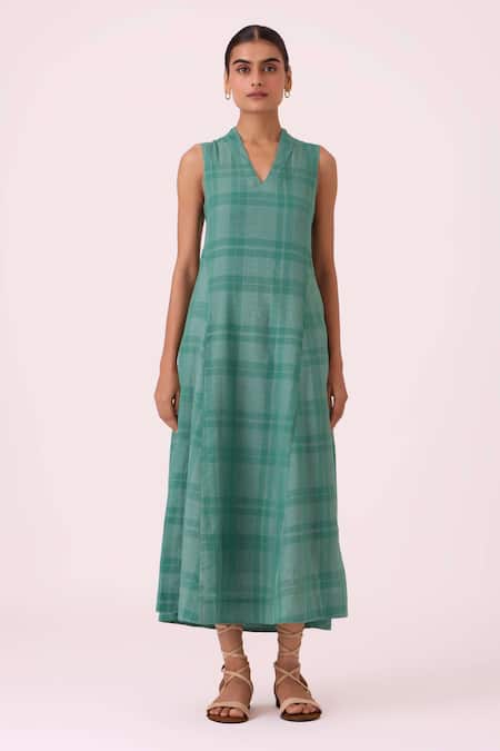 Shop The Summer House Green Cotton, Silk V-neck Orwell Handwoven Dress Online at Aza Fashions Shop_The Summer House_Green Cotton, Silk V-neck Orwell Handwoven Dress _Online_at_Aza_Fashions