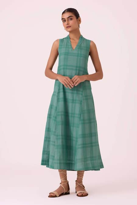 The Summer House Green Cotton, Silk V-neck Orwell Handwoven Dress 