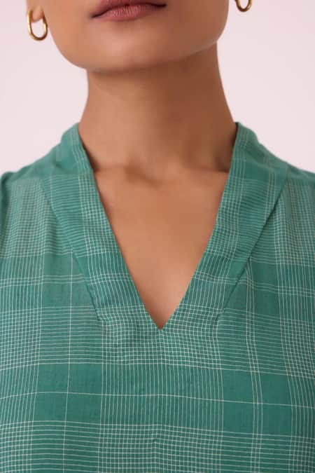 The Summer House Green Cotton, Silk V-neck Orwell Handwoven Dress at Aza Fashions The Summer House_Green Cotton, Silk V-neck Orwell Handwoven Dress _at_Aza_Fashions