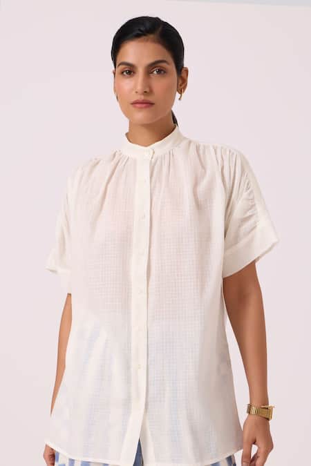 The Summer House Off White Handloom Cotton Mandarin Collar Patt Handwoven Top 
