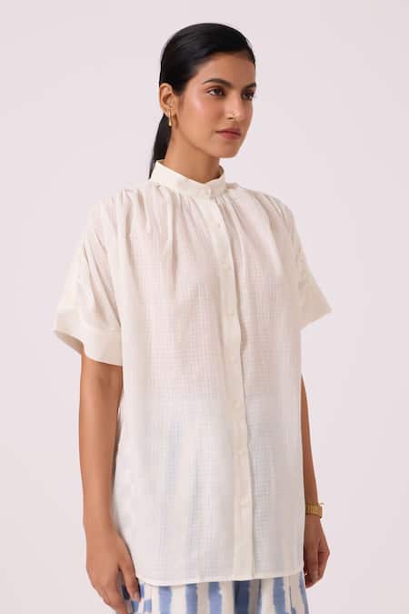 Shop The Summer House Off White Handloom Cotton Mandarin Collar Patt Handwoven Top Online at Aza Fashions Shop_The Summer House_Off White Handloom Cotton Mandarin Collar Patt Handwoven Top _Online_at_Aza_Fashions