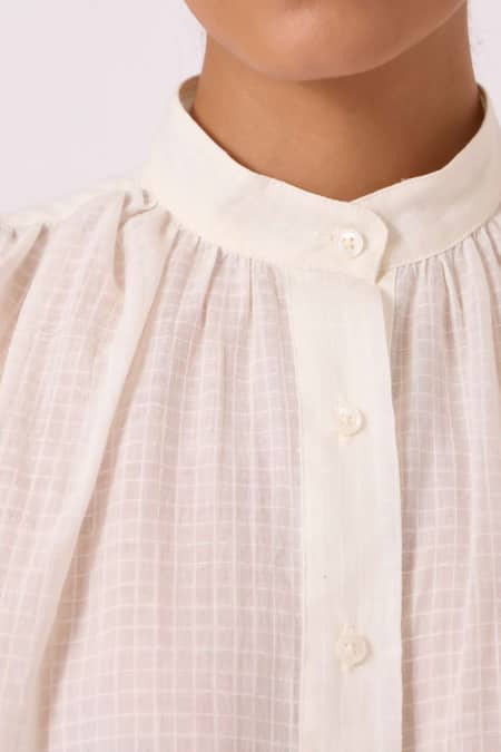 Buy The Summer House Off White Handloom Cotton Mandarin Collar Patt Handwoven Top Buy_The Summer House_Off White Handloom Cotton Mandarin Collar Patt Handwoven Top