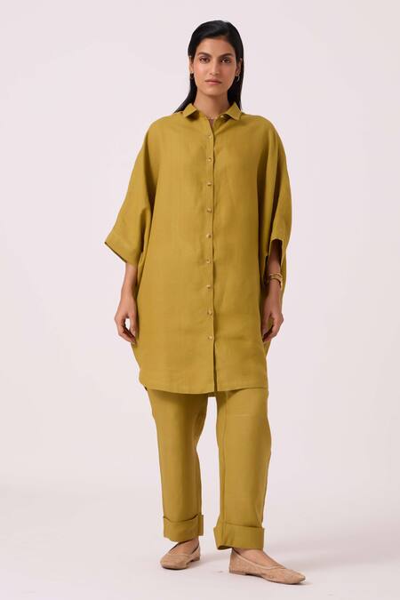 Shop The Summer House Olive Green Linen Collared Perico Shirt Online at Aza Fashions Shop_The Summer House_Olive Green Linen Collared Perico Shirt _Online_at_Aza_Fashions