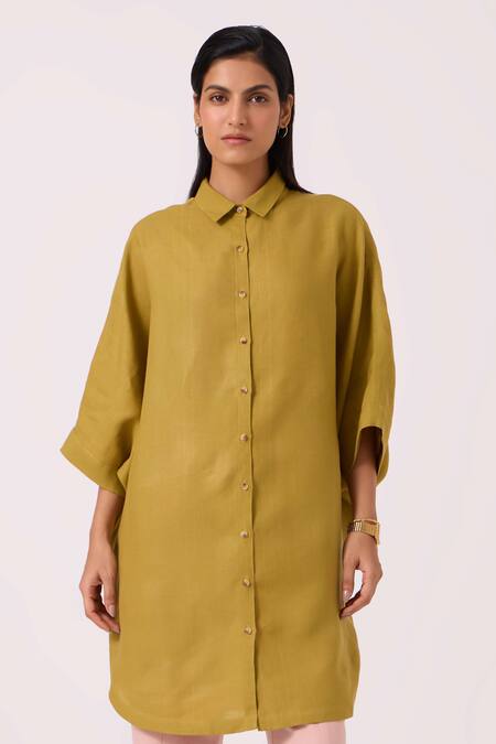 The Summer House Olive Green Linen Collared Perico Shirt at Aza Fashions The Summer House_Olive Green Linen Collared Perico Shirt _at_Aza_Fashions