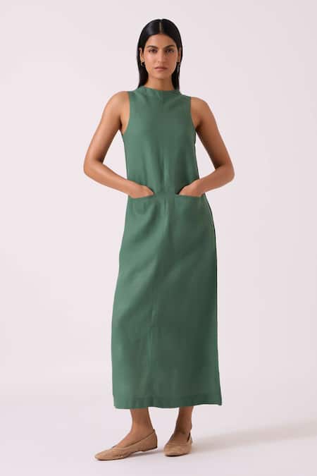 The Summer House Green Linen Round Neck Pierre Dress 