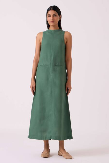 The Summer House Green Linen Round Neck Pierre Dress Online at Aza Fashions The Summer House_Green Linen Round Neck Pierre Dress _Online_at_Aza_Fashions