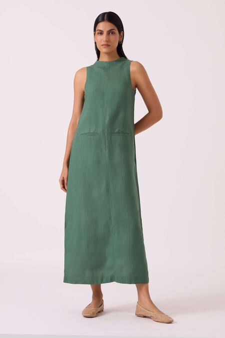 Buy The Summer House Green Linen Round Neck Pierre Dress Online at Aza Fashions Buy_The Summer House_Green Linen Round Neck Pierre Dress _Online_at_Aza_Fashions