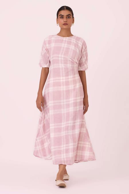 The Summer House Off White Handloom Cotton Round Neck Pine Checkered Handwoven Dress 