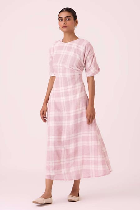 Buy_The Summer House_Off White Handloom Cotton Round Neck Pine Checkered Handwoven Dress _Online_at_Aza_Fashions