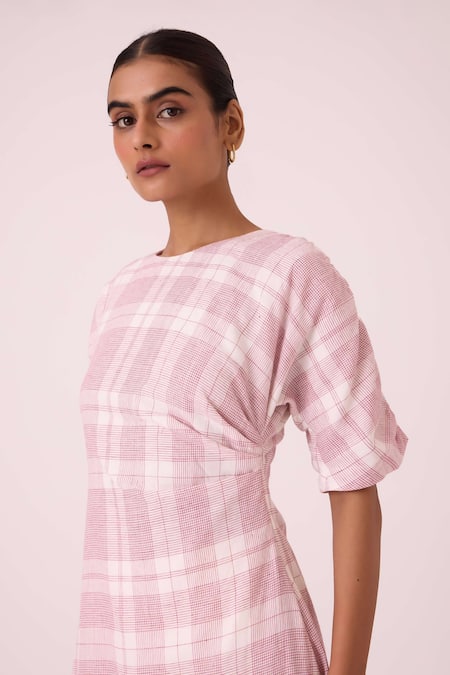 Shop_The Summer House_Off White Handloom Cotton Round Neck Pine Checkered Handwoven Dress _Online_at_Aza_Fashions