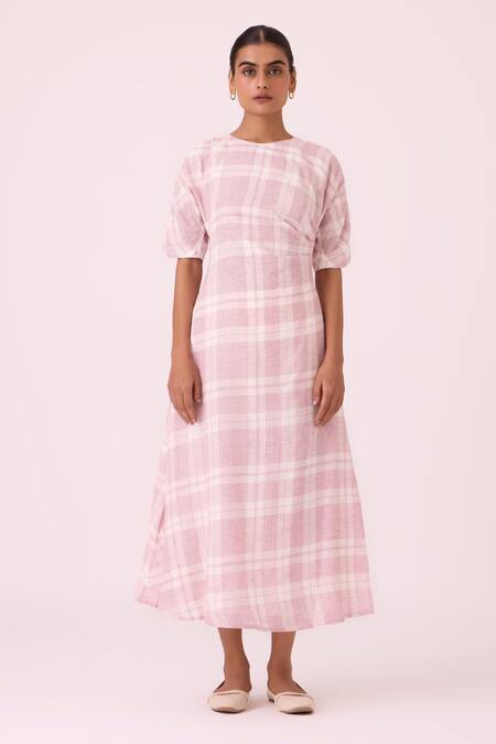 Buy_The Summer House_Off White Handloom Cotton Round Neck Pine Checkered Handwoven Dress 