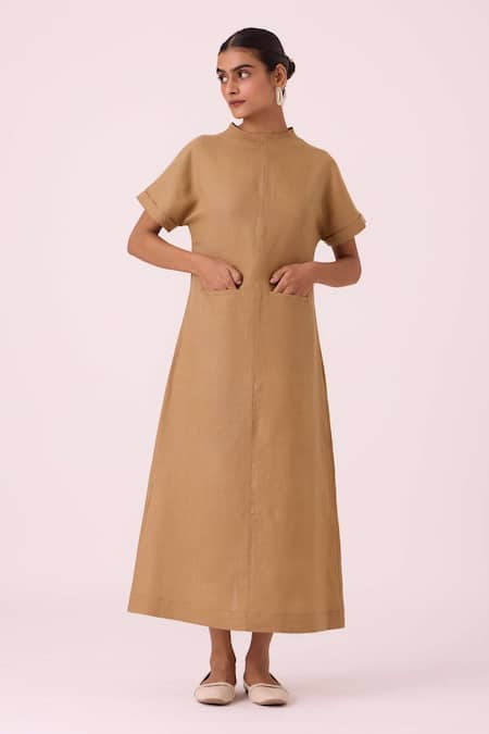 The Summer House Beige Linen Cowl Neck Salome Tan Dress 