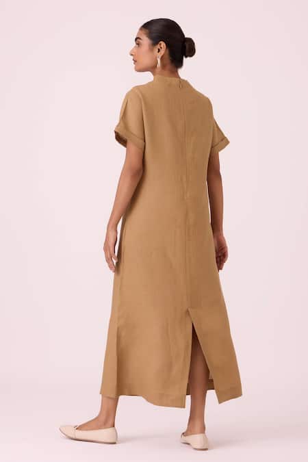 Shop The Summer House Beige Linen Cowl Neck Salome Tan Dress at Aza Fashions Shop_The Summer House_Beige Linen Cowl Neck Salome Tan Dress _at_Aza_Fashions