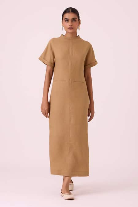 The Summer House Beige Linen Cowl Neck Salome Tan Dress Online at Aza Fashions The Summer House_Beige Linen Cowl Neck Salome Tan Dress _Online_at_Aza_Fashions