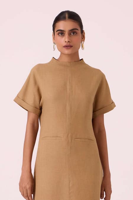 Shop The Summer House Beige Linen Cowl Neck Salome Tan Dress Online at Aza Fashions Shop_The Summer House_Beige Linen Cowl Neck Salome Tan Dress _Online_at_Aza_Fashions