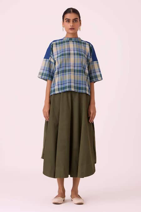 Shop The Summer House Blue Cotton High Neck Samovar Handwoven Top at Aza Fashions Shop_The Summer House_Blue Cotton High Neck Samovar Handwoven Top _at_Aza_Fashions