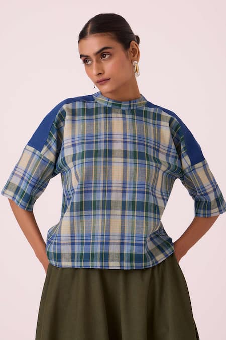 The Summer House Blue Cotton High Neck Samovar Handwoven Top 