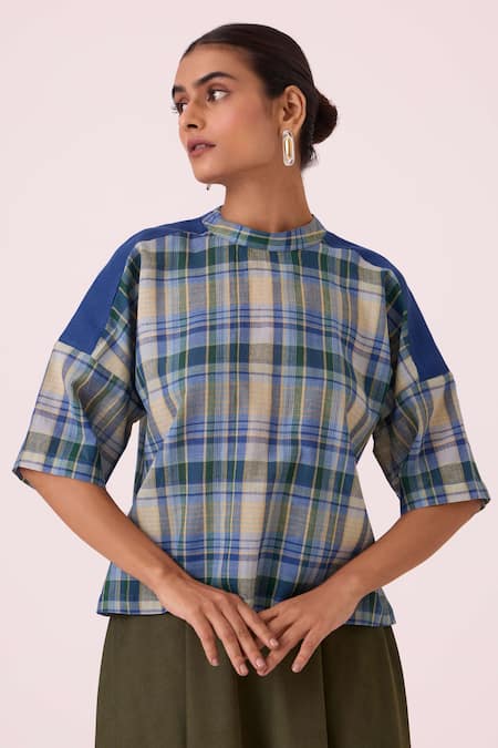 Buy The Summer House Blue Cotton High Neck Samovar Handwoven Top Online at Aza Fashions Buy_The Summer House_Blue Cotton High Neck Samovar Handwoven Top _Online_at_Aza_Fashions