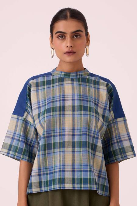 The Summer House Blue Cotton High Neck Samovar Handwoven Top at Aza Fashions The Summer House_Blue Cotton High Neck Samovar Handwoven Top _at_Aza_Fashions