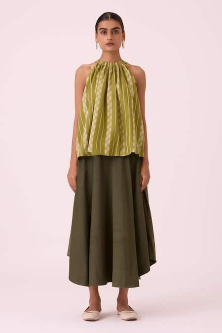 The Summer House Green Cotton Halter Neck Sean Striped Ikat Top Online at Aza Fashions The Summer House_Green Cotton Halter Neck Sean Striped Ikat Top _Online_at_Aza_Fashions