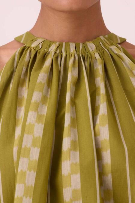 Buy The Summer House Green Cotton Halter Neck Sean Striped Ikat Top Online at Aza Fashions Buy_The Summer House_Green Cotton Halter Neck Sean Striped Ikat Top _Online_at_Aza_Fashions