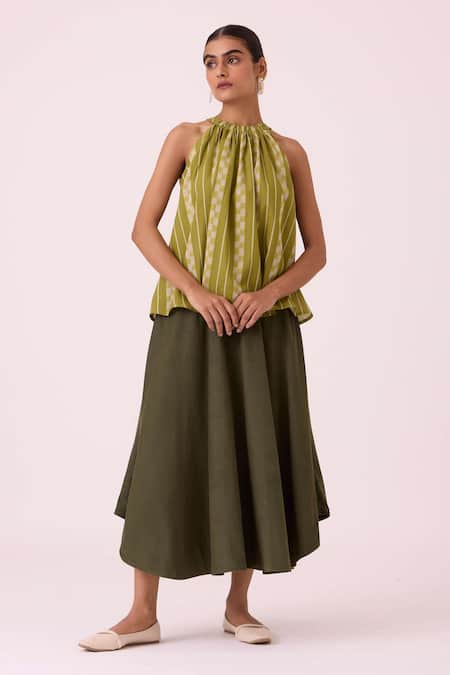 Shop The Summer House Green Cotton Halter Neck Sean Striped Ikat Top Online at Aza Fashions Shop_The Summer House_Green Cotton Halter Neck Sean Striped Ikat Top _Online_at_Aza_Fashions