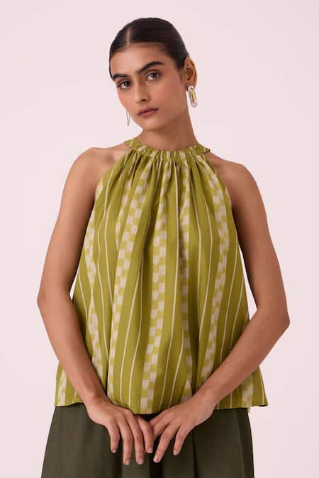The Summer House Green Cotton Halter Neck Sean Striped Ikat Top 
