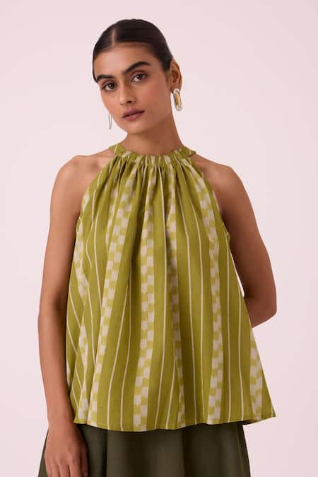 The Summer House Green Cotton Halter Neck Sean Striped Ikat Top at Aza Fashions The Summer House_Green Cotton Halter Neck Sean Striped Ikat Top _at_Aza_Fashions