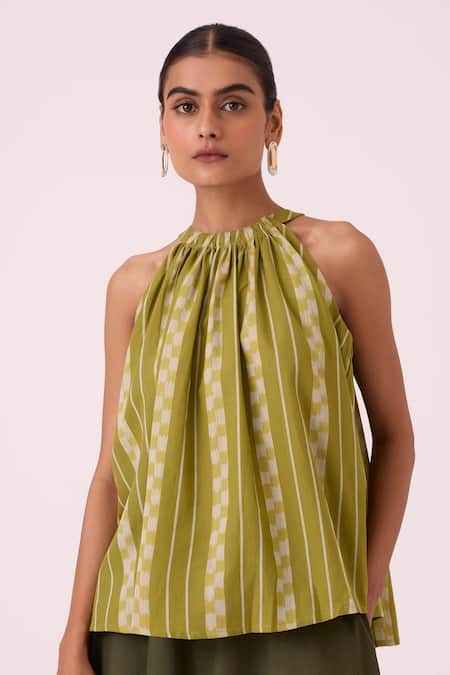 Buy The Summer House Green Cotton Halter Neck Sean Striped Ikat Top Buy_The Summer House_Green Cotton Halter Neck Sean Striped Ikat Top
