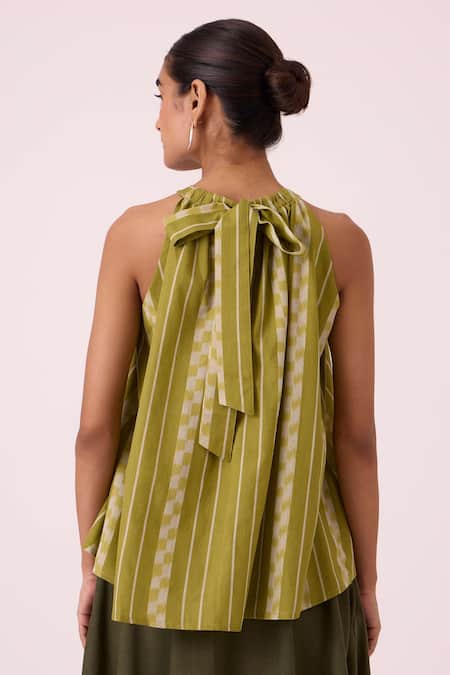 Shop The Summer House Green Cotton Halter Neck Sean Striped Ikat Top at Aza Fashions Shop_The Summer House_Green Cotton Halter Neck Sean Striped Ikat Top _at_Aza_Fashions