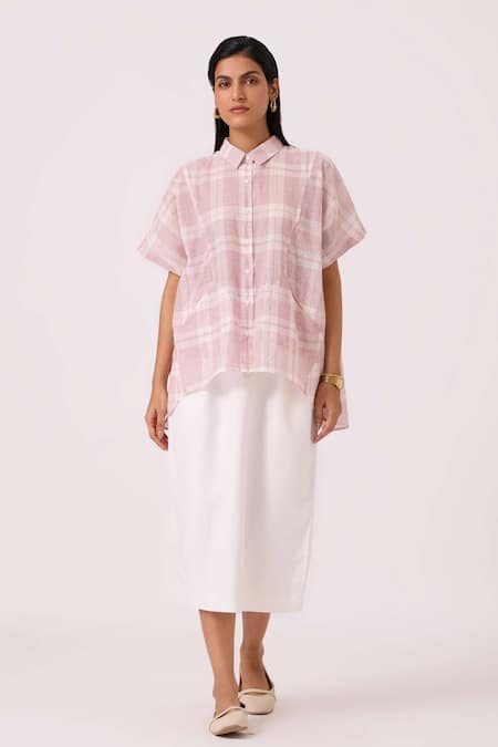 The Summer House Off White Cotton Collared Sibyl Checkered Handwoven Shirt Online at Aza Fashions The Summer House_Off White Cotton Collared Sibyl Checkered Handwoven Shirt _Online_at_Aza_Fashions