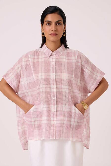 Shop The Summer House Off White Cotton Collared Sibyl Checkered Handwoven Shirt Online at Aza Fashions Shop_The Summer House_Off White Cotton Collared Sibyl Checkered Handwoven Shirt _Online_at_Aza_Fashions