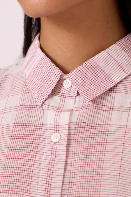The Summer House Off White Cotton Collared Sibyl Checkered Handwoven Shirt at Aza Fashions The Summer House_Off White Cotton Collared Sibyl Checkered Handwoven Shirt _at_Aza_Fashions