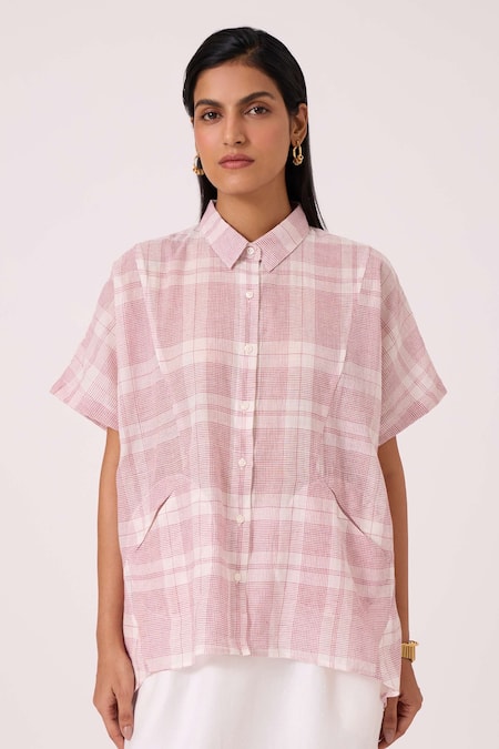 Buy The Summer House Off White Cotton Collared Sibyl Checkered Handwoven Shirt Buy_The Summer House_Off White Cotton Collared Sibyl Checkered Handwoven Shirt