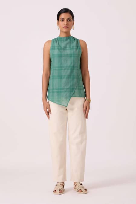The Summer House_Green Handloom Cotton, Silk Round Neck Sonya Handwoven Top _Online_at_Aza_Fashions