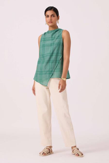 Buy_The Summer House_Green Handloom Cotton, Silk Round Neck Sonya Handwoven Top _Online_at_Aza_Fashions