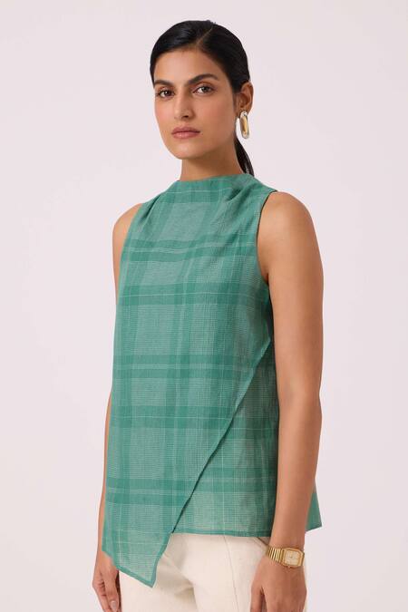 Shop_The Summer House_Green Handloom Cotton, Silk Round Neck Sonya Handwoven Top _Online_at_Aza_Fashions