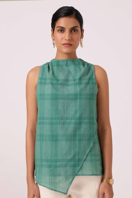 The Summer House_Green Handloom Cotton, Silk Round Neck Sonya Handwoven Top _at_Aza_Fashions