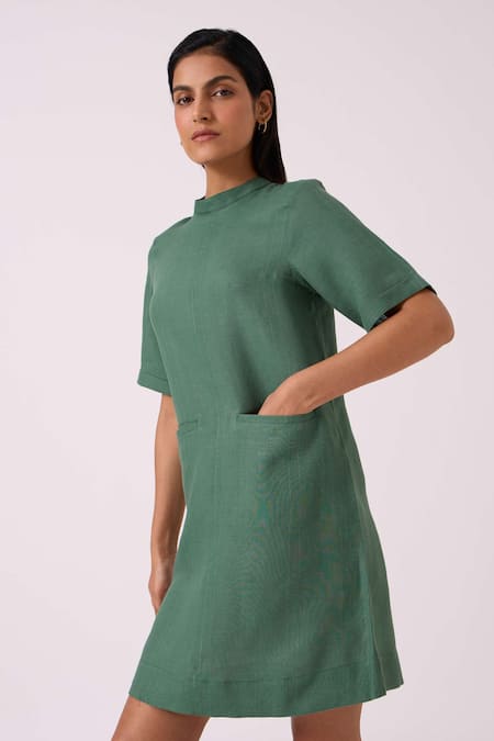 The Summer House_Green Linen Collared Tula Shift Dress _Online_at_Aza_Fashions