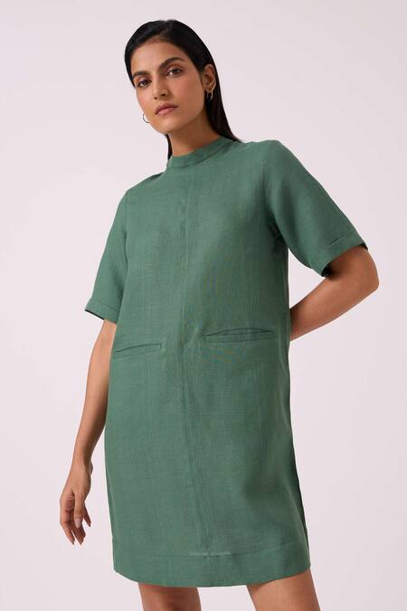 Buy_The Summer House_Green Linen Collared Tula Shift Dress _Online_at_Aza_Fashions