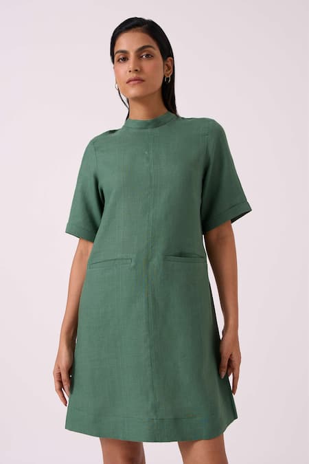 Shop_The Summer House_Green Linen Collared Tula Shift Dress _Online_at_Aza_Fashions