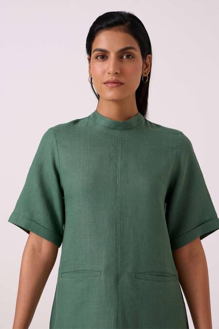 The Summer House_Green Linen Collared Tula Shift Dress _at_Aza_Fashions