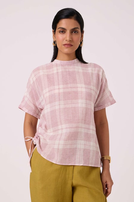 The Summer House Off White Handloom Cotton Mandarin Collar Ursula Checkered Handwoven Top 
