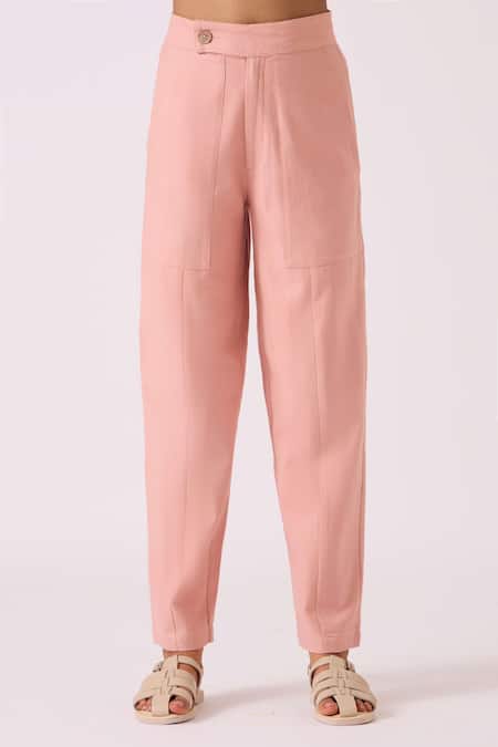 The Summer House_Pink Cotton, Twill Victory Handwoven Pant _Online_at_Aza_Fashions