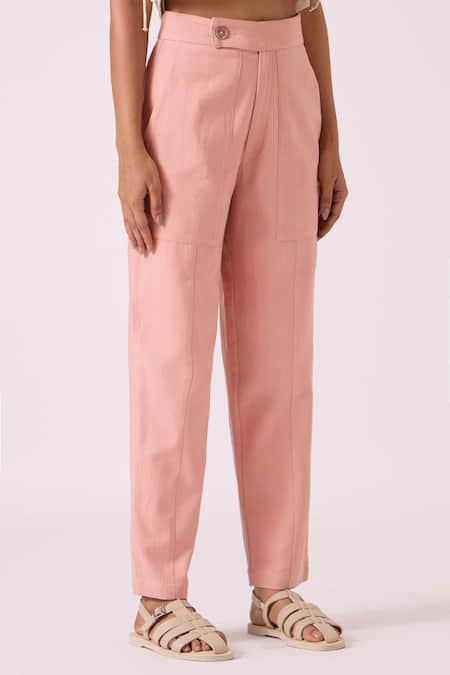 Buy_The Summer House_Pink Cotton, Twill Victory Handwoven Pant _Online_at_Aza_Fashions