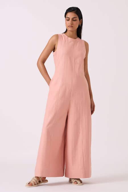 The Summer House Pink Handloom Cotton, Twill Round Neck Vronsky Handwoven Jumpsuit Online at Aza Fashions The Summer House_Pink Handloom Cotton, Twill Round Neck Vronsky Handwoven Jumpsuit _Online_at_Aza_Fashions