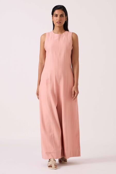 Buy The Summer House Pink Handloom Cotton, Twill Round Neck Vronsky Handwoven Jumpsuit Online at Aza Fashions Buy_The Summer House_Pink Handloom Cotton, Twill Round Neck Vronsky Handwoven Jumpsuit _Online_at_Aza_Fashions