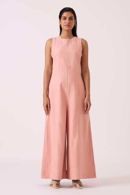 Shop The Summer House Pink Handloom Cotton, Twill Round Neck Vronsky Handwoven Jumpsuit Online at Aza Fashions Shop_The Summer House_Pink Handloom Cotton, Twill Round Neck Vronsky Handwoven Jumpsuit _Online_at_Aza_Fashions
