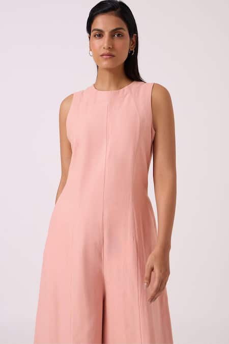 The Summer House Pink Handloom Cotton, Twill Round Neck Vronsky Handwoven Jumpsuit at Aza Fashions The Summer House_Pink Handloom Cotton, Twill Round Neck Vronsky Handwoven Jumpsuit _at_Aza_Fashions