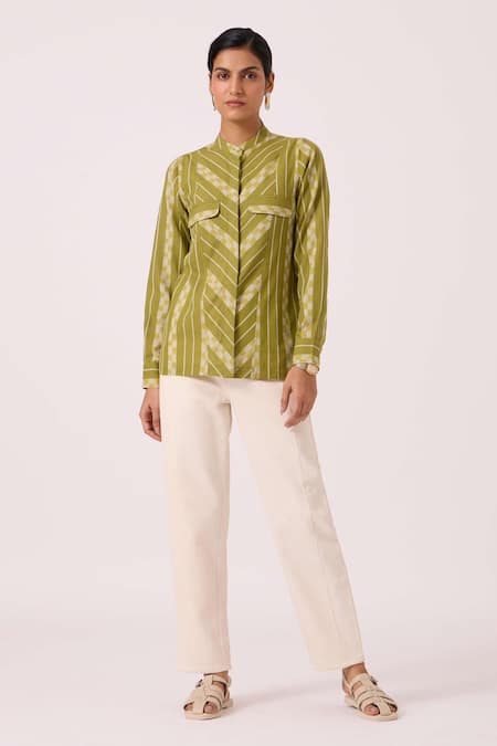 The Summer House Green Cotton Mandarin Collar Wilde Striped Ikat Shirt Online at Aza Fashions The Summer House_Green Cotton Mandarin Collar Wilde Striped Ikat Shirt_Online_at_Aza_Fashions